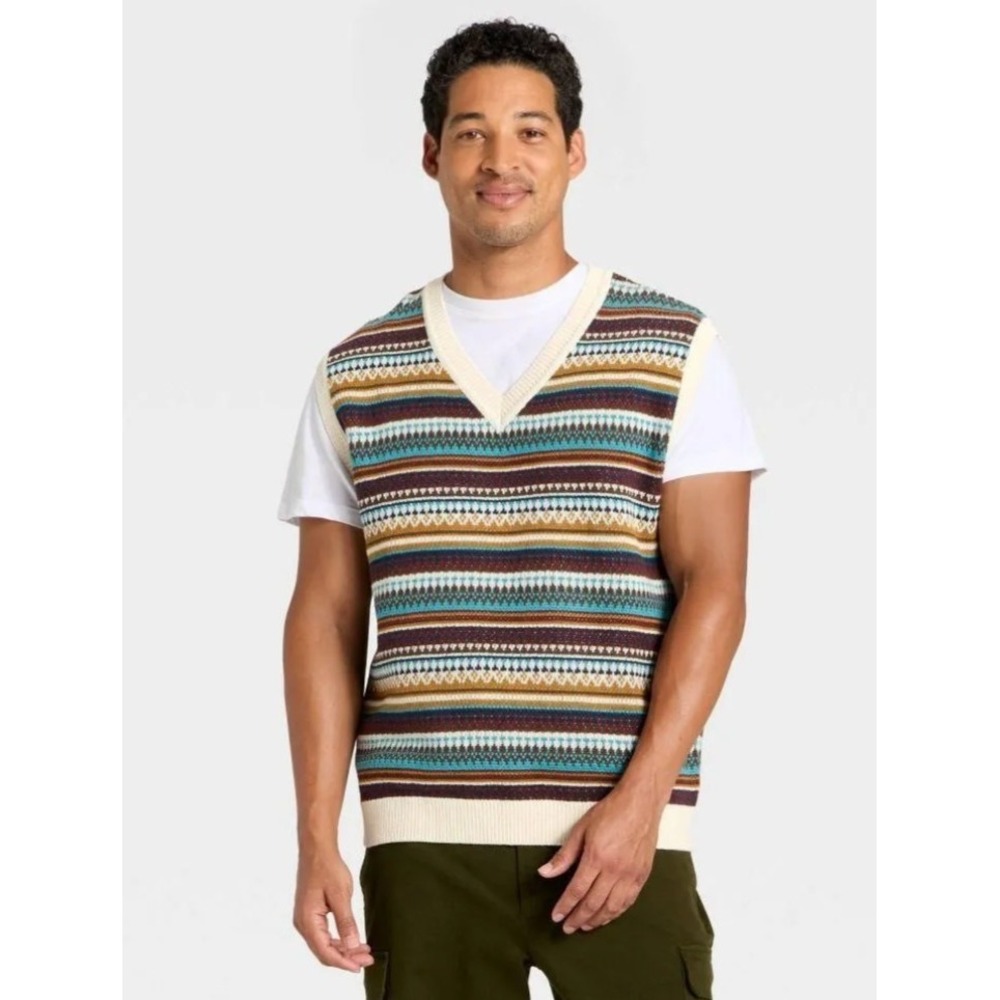 Goodfellow Men's Fair Isle Knit Sweater Vest M Brown Blue Mustard Cream